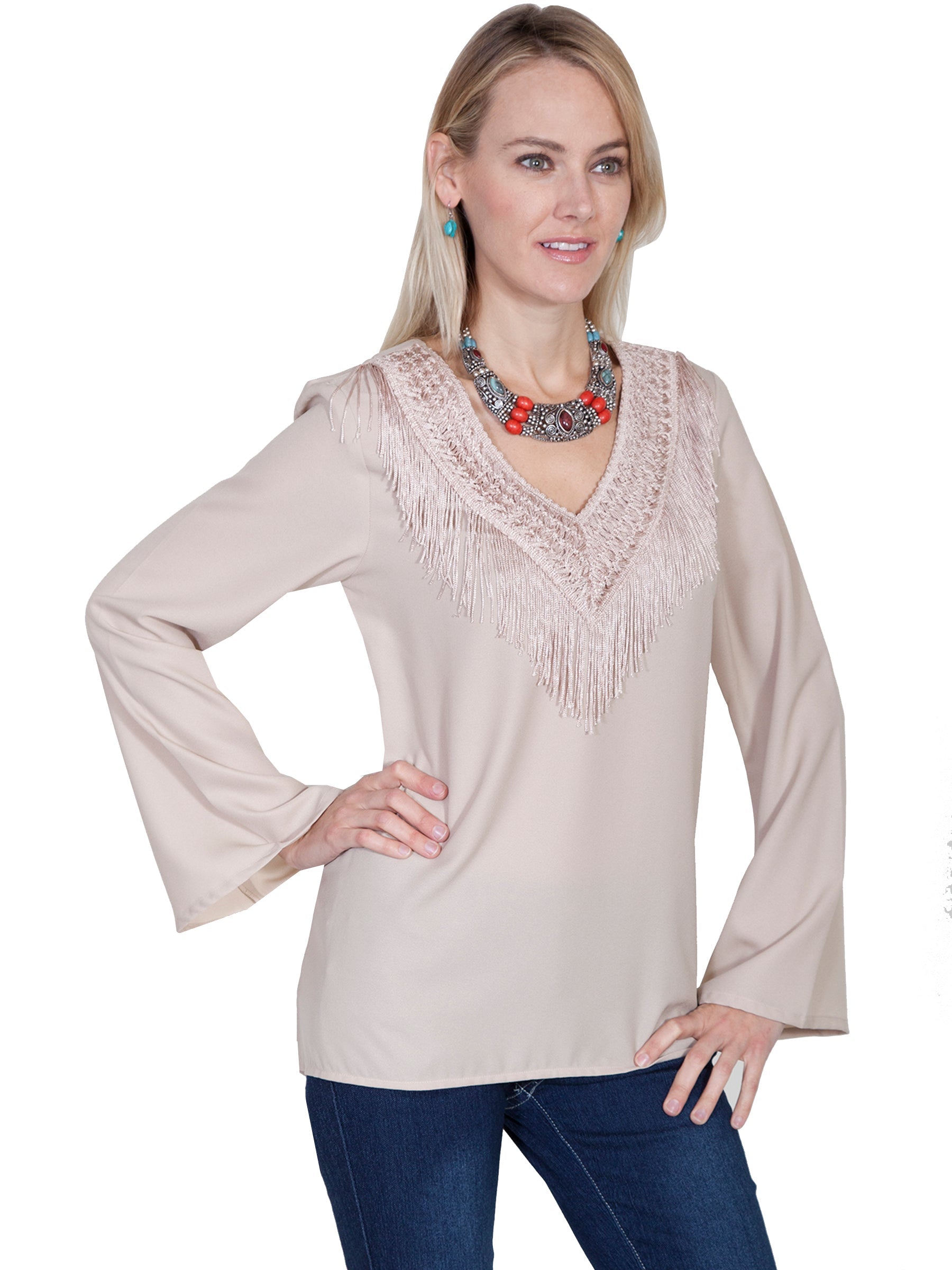 V-neck Blouse W/fringe &amp; Bellsleeves - E250