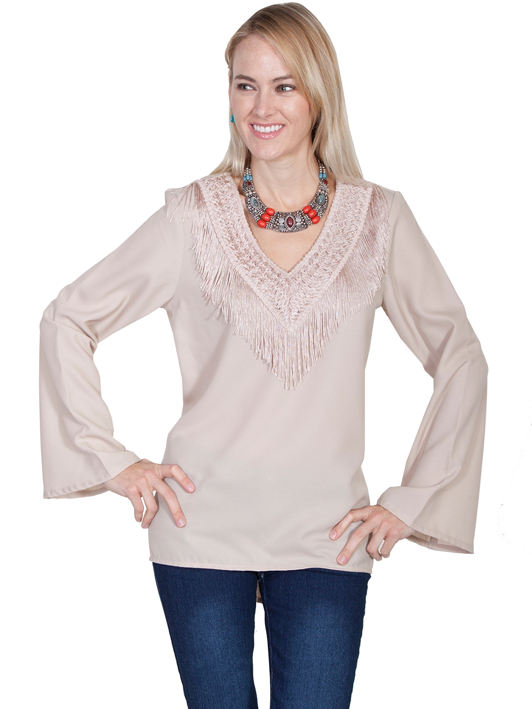 V-neck Blouse W/fringe &amp; Bellsleeves - E250