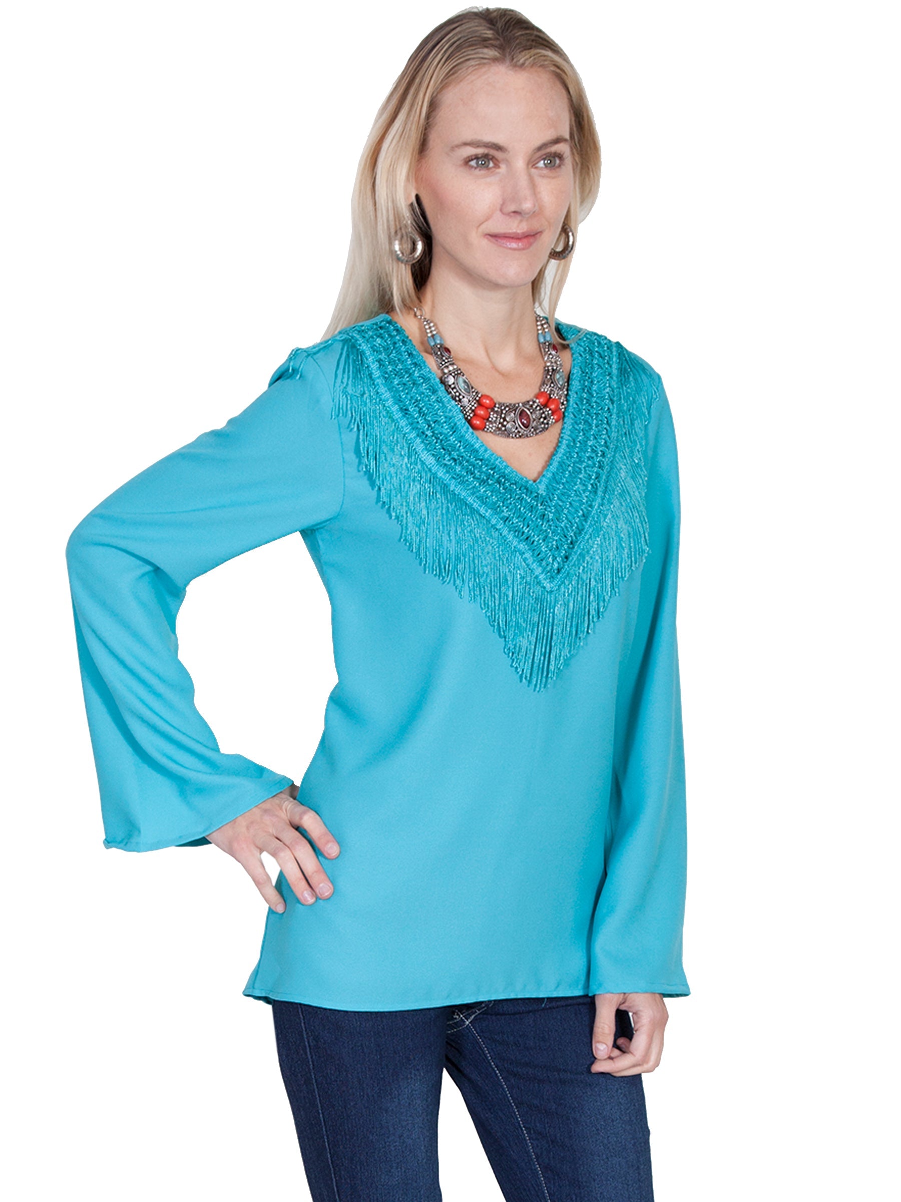 V-neck Blouse W/fringe &amp; Bellsleeves - E250
