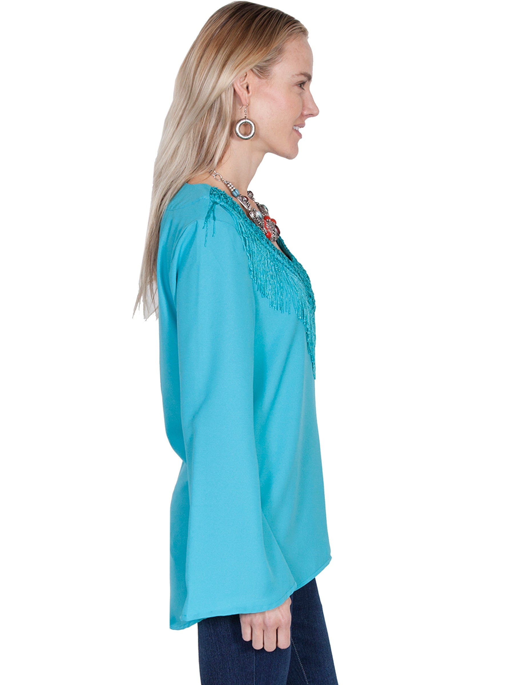 V-neck Blouse W/fringe &amp; Bellsleeves - E250