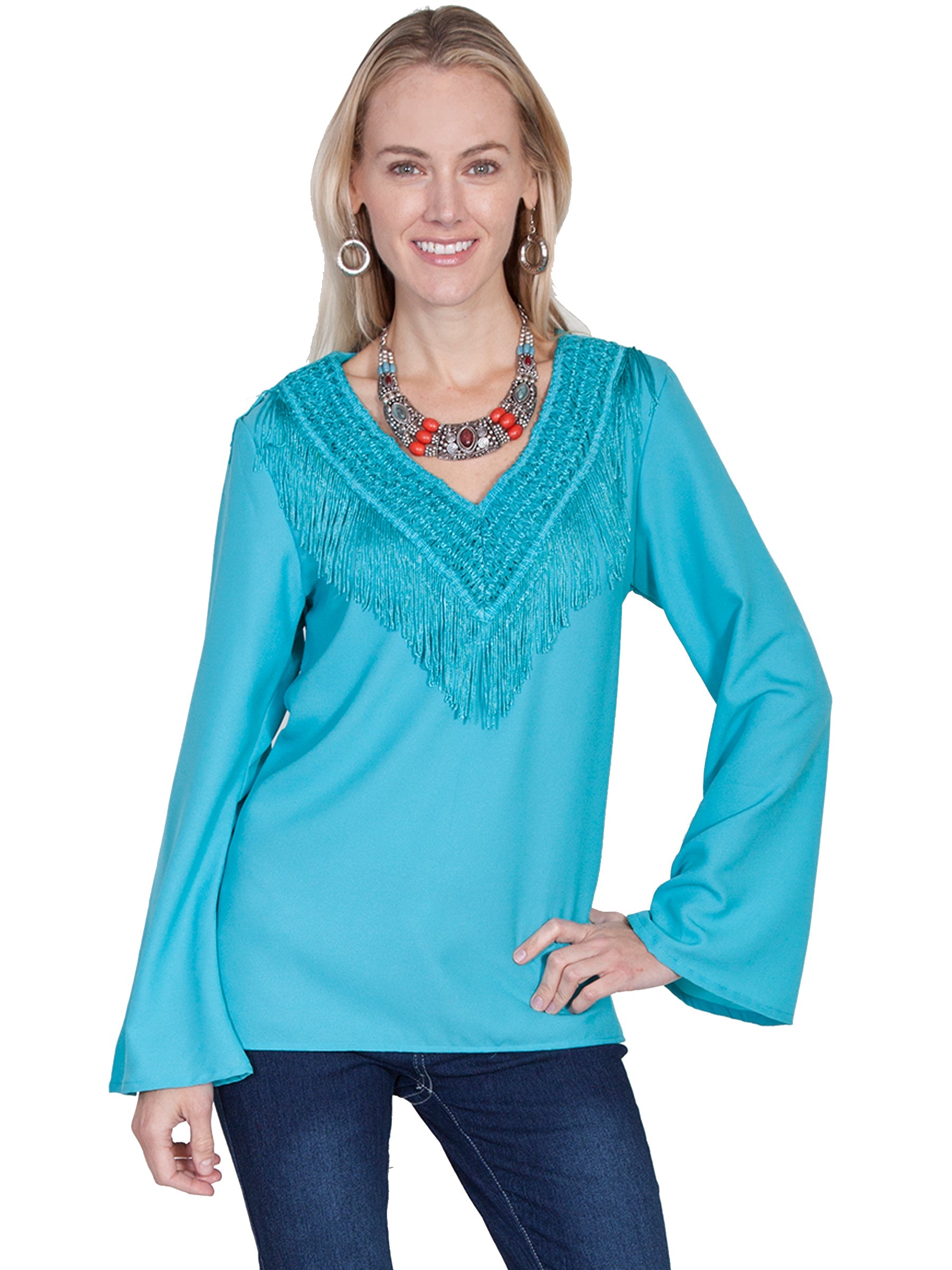 V-neck Blouse W/fringe &amp; Bellsleeves - E250