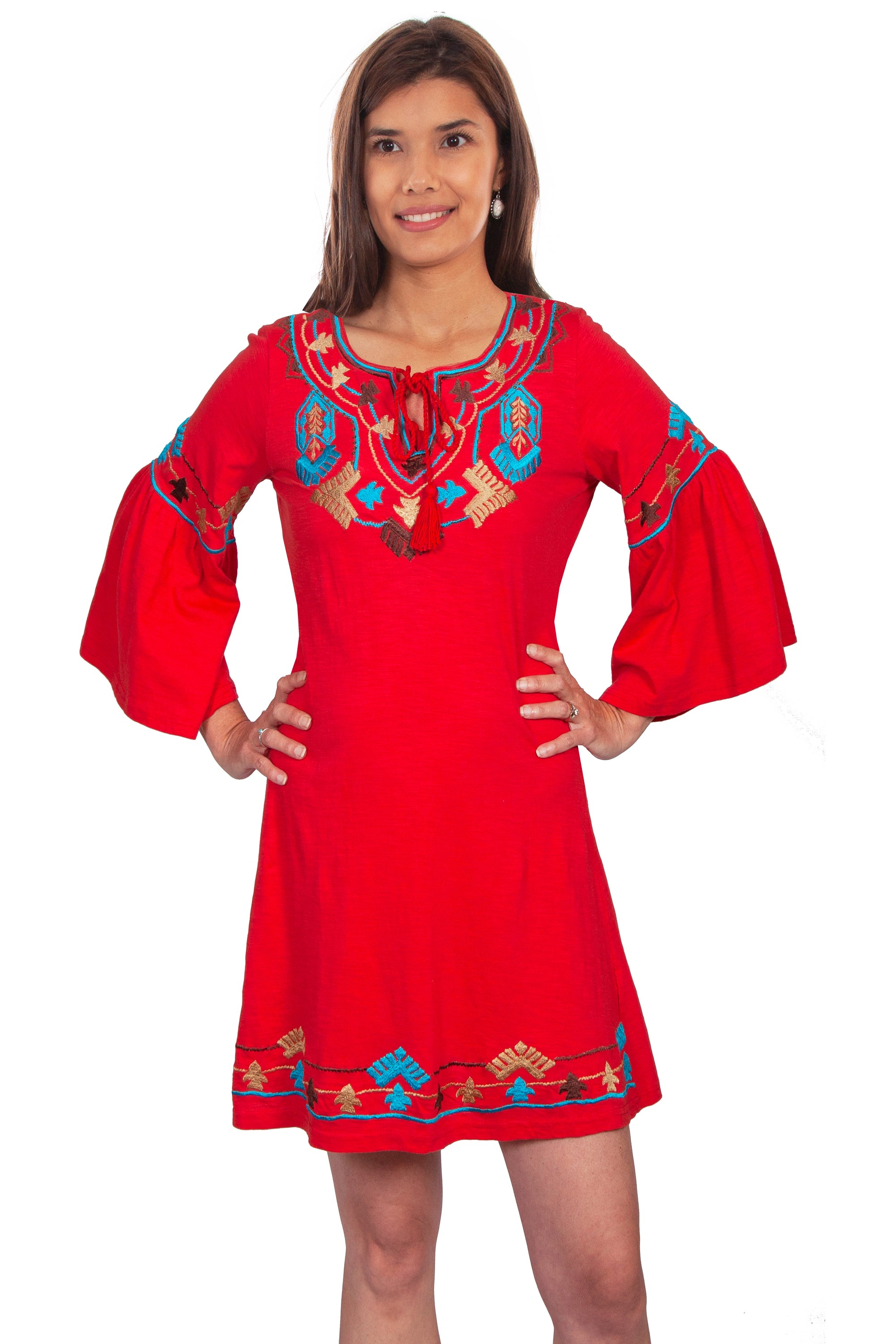 Emb. Tulip Seeve Dress W/neck Tie - E287