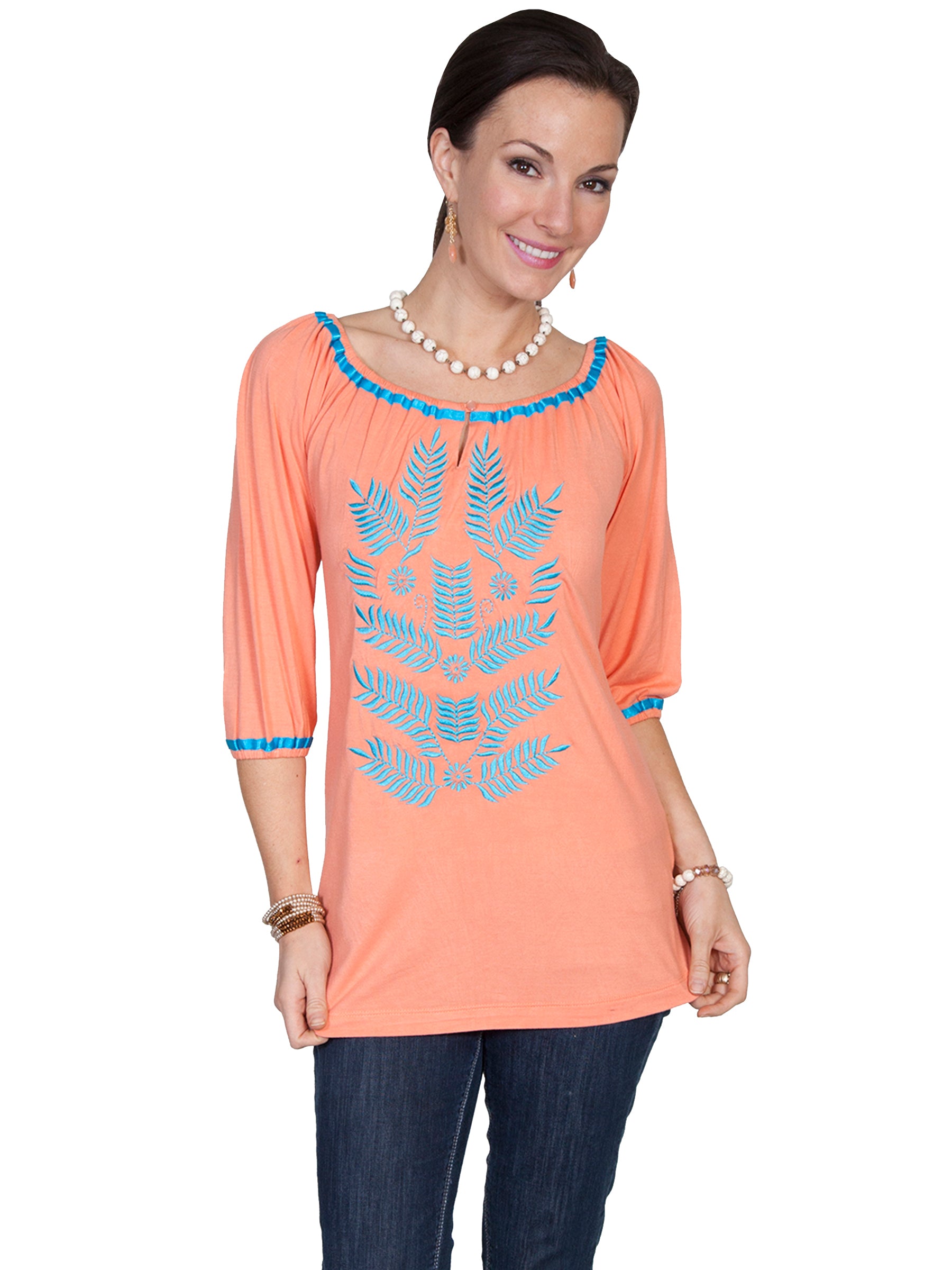 Off Shoulder Tunic With Delicate Embroidery And Scoop Neck Three Quarter Sleeves