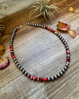 19 inch 8 mm Sterling Silver Pearls necklace with Red Spiny