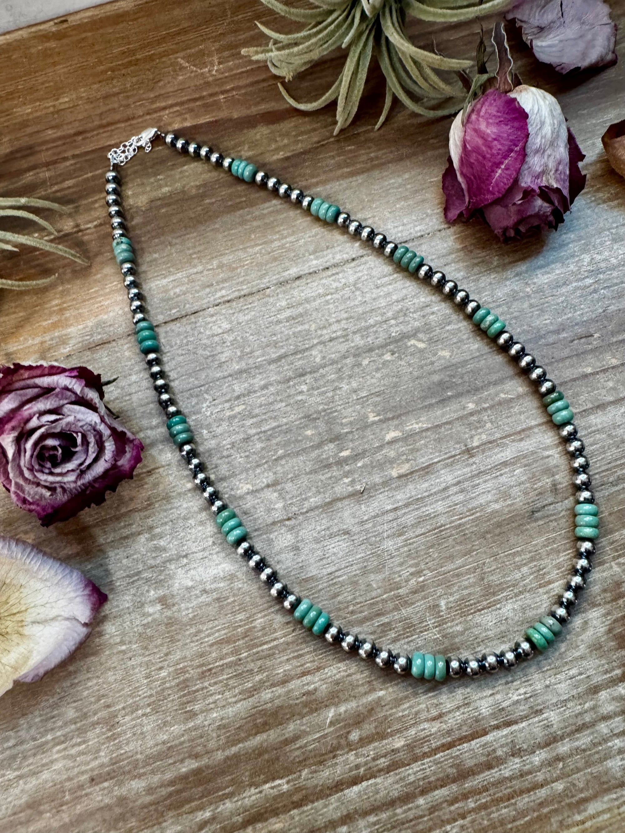 Green Turquoise &amp; Sterling Silver Pearl Necklace – 5mm – Handmade by The Bijoux FAB – 19"