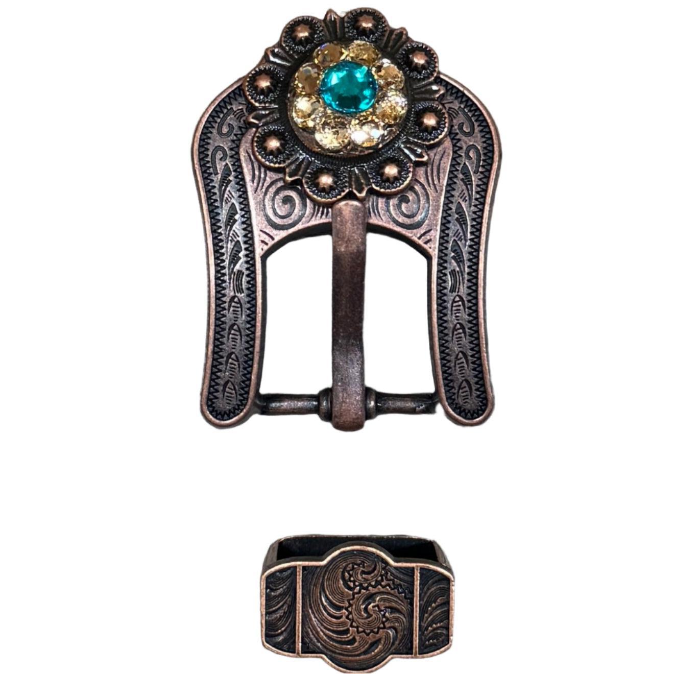 Teal &amp; Champagne Copper European Crystal Buckle Keeper Set
