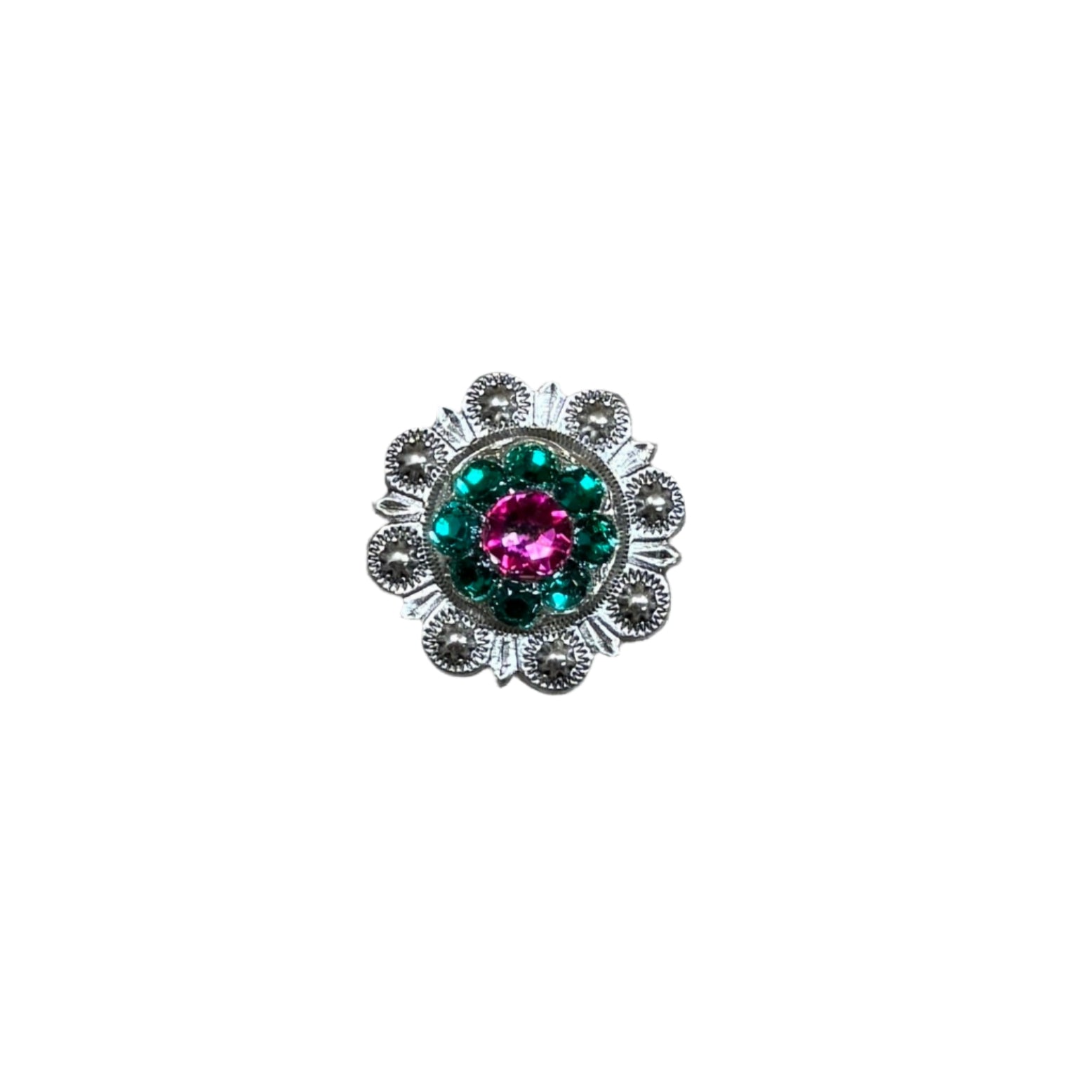 Fuchsia, Clear &amp; Emerald Antique Silver 1" European Crystal Concho