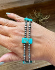 TURQUOISE Double Strand Necklace – 13” Beaded – Sterling Silver Pearls & Rectangle Variscite