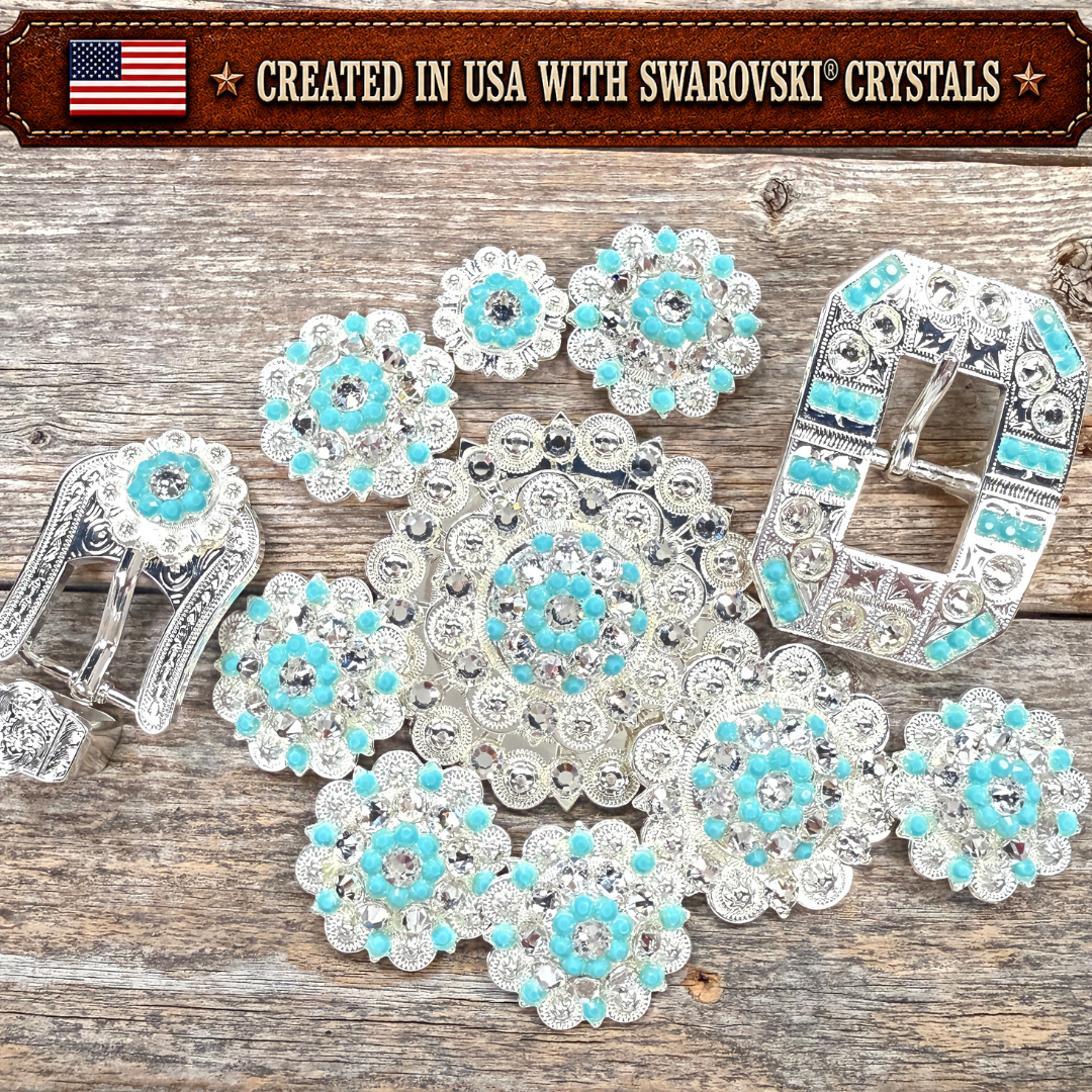 Bright Silver Turquoise - Clear Crystal Conchos | Sizes 1"- 3" | Buckles | Saddle Set | Leather Rosettes | Slide