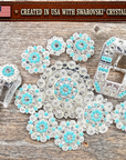 Bright Silver Turquoise - Clear Crystal Conchos | Sizes 1"- 3" | Buckles | Saddle Set | Leather Rosettes | Slide