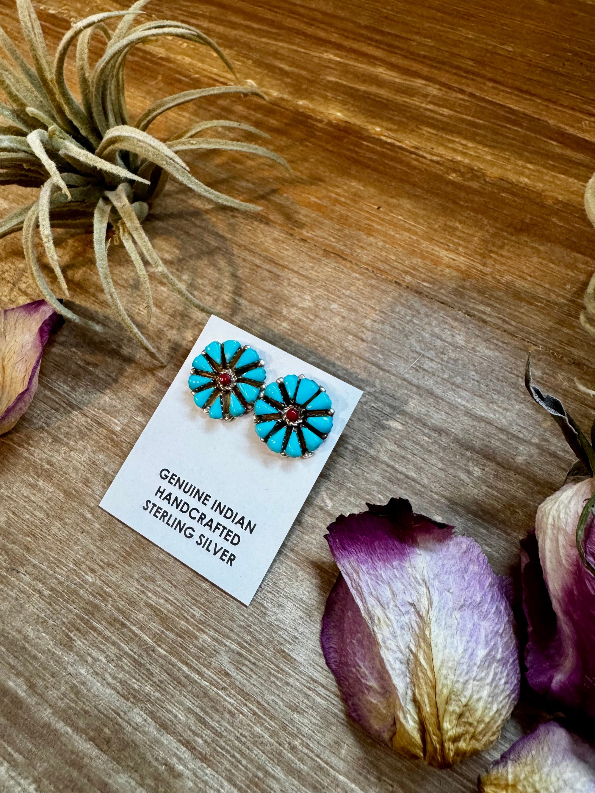 Blue Magnesite Turquoise &amp; Red Cluster Stud Earrings