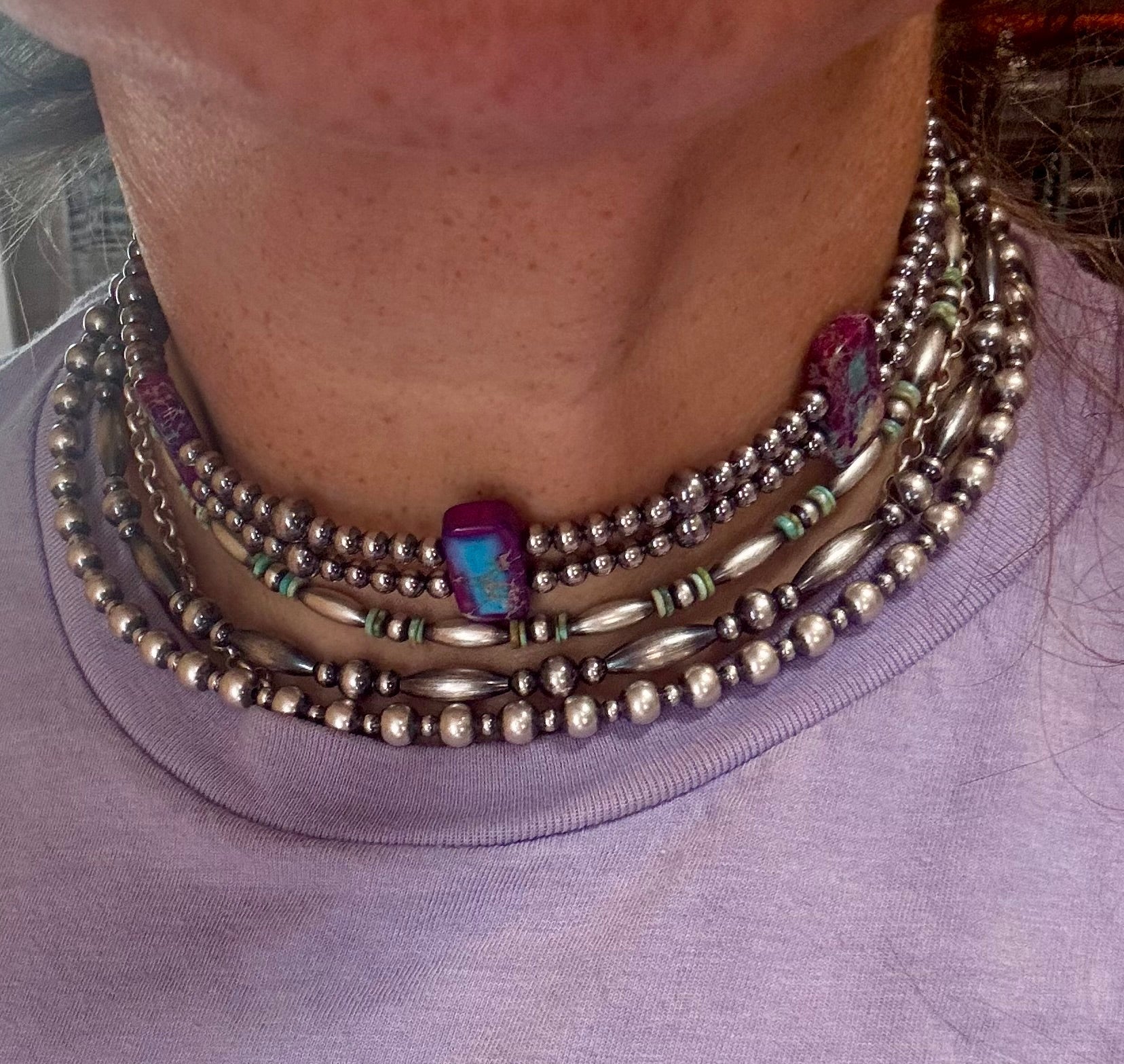Green/Blue Double Strand Necklace – 13” Beaded – Sterling Silver Pearls &amp; Rectangle Variscite Turquoise