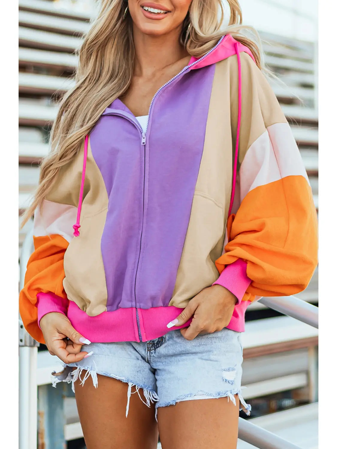 Oversized Colorblock Zip Hoodie