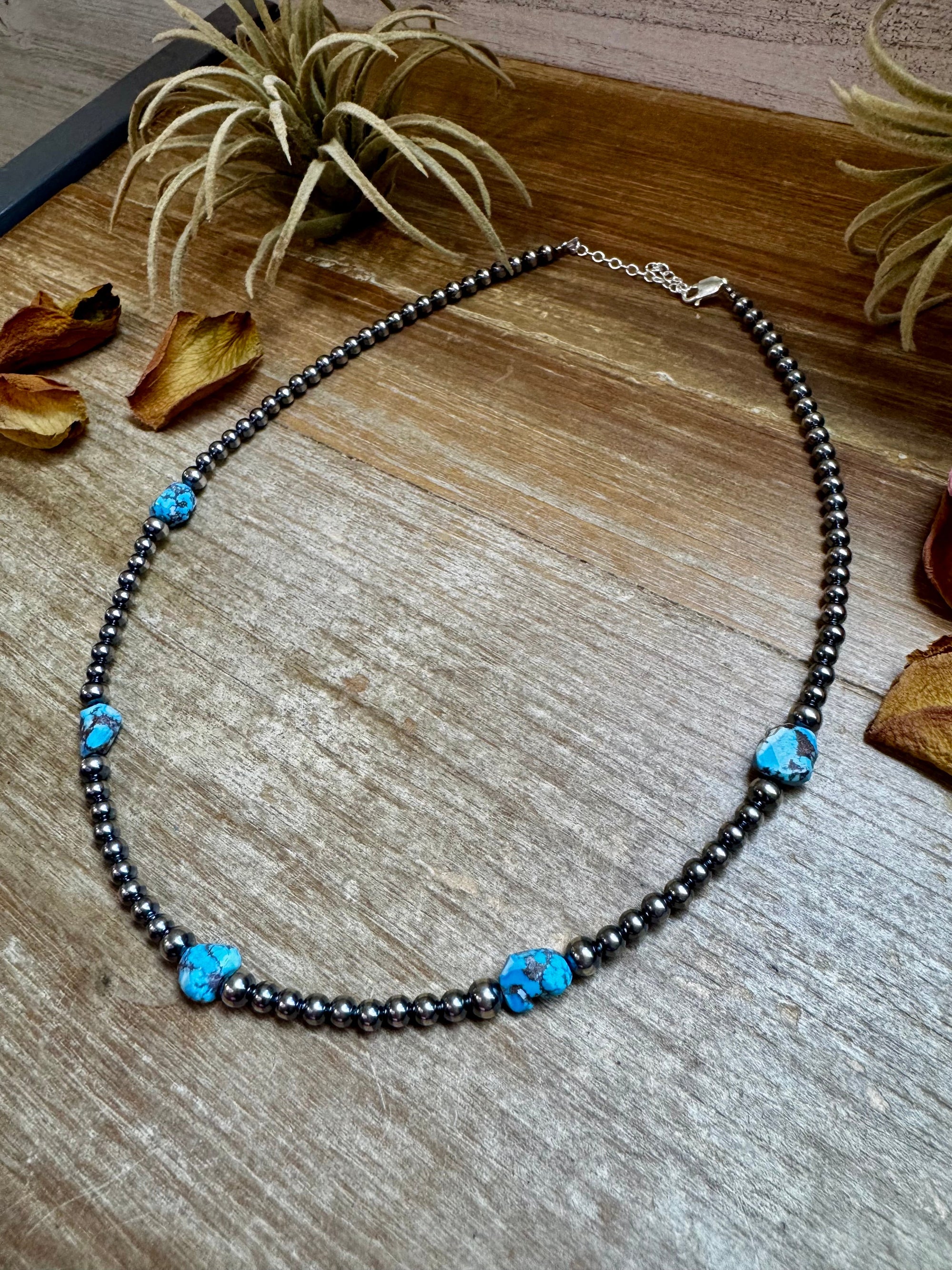 Golden Hill Turquoise &amp; Sterling Silver Pearl Necklace – 16" + Extender
