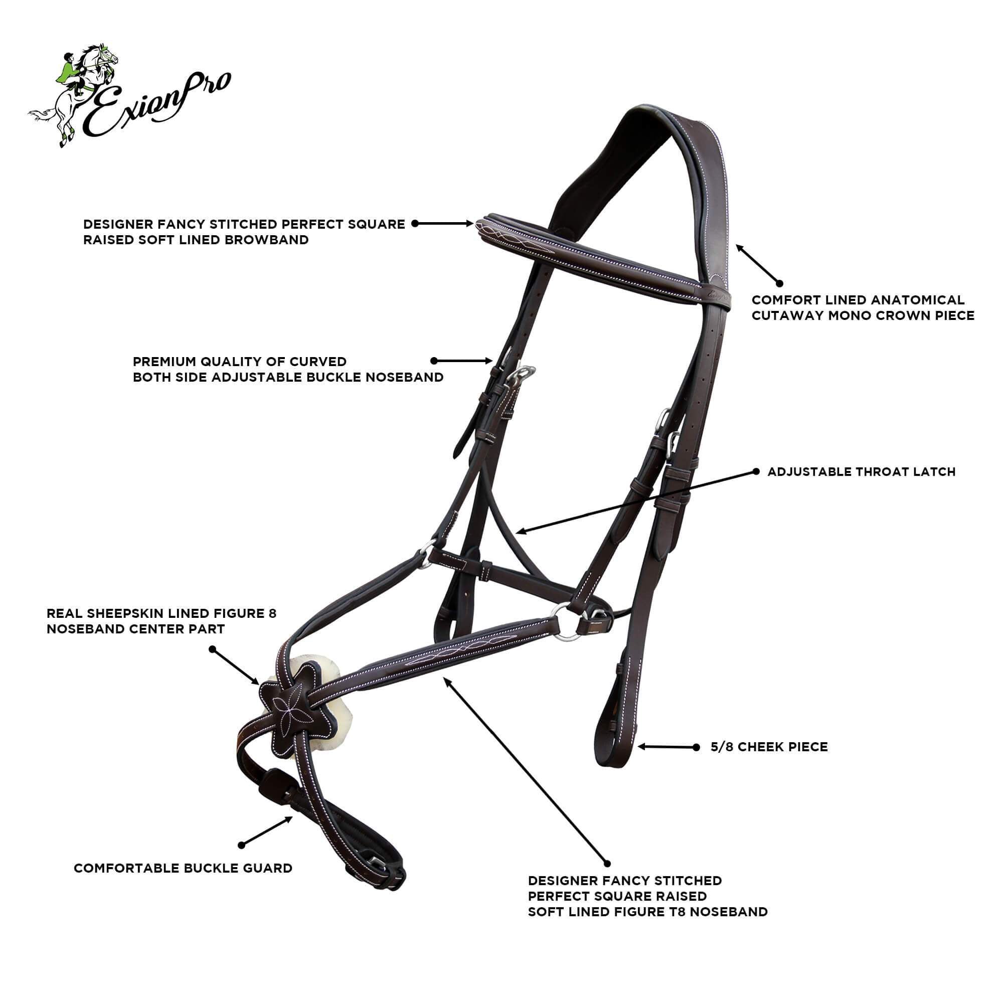 ExionPro Padded Ear Free Monocrown Crown Piece Figure 8 Bridle &amp; Reins