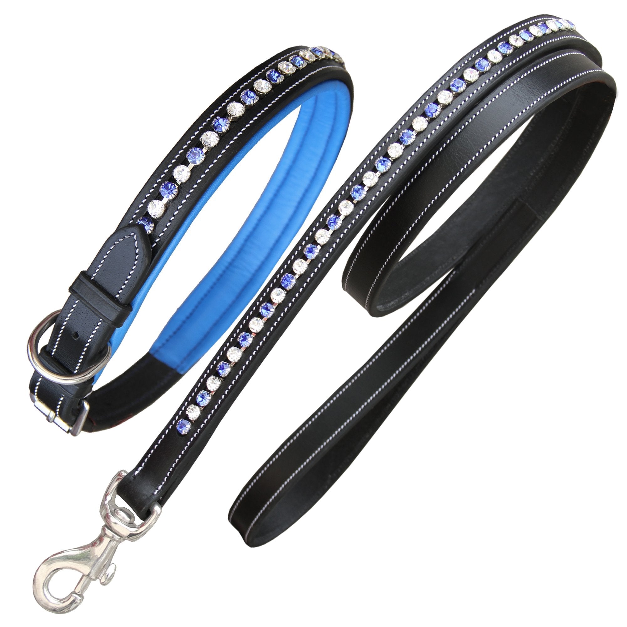 ExionPro White &amp; Blue Bling Dog Collar With Leash
