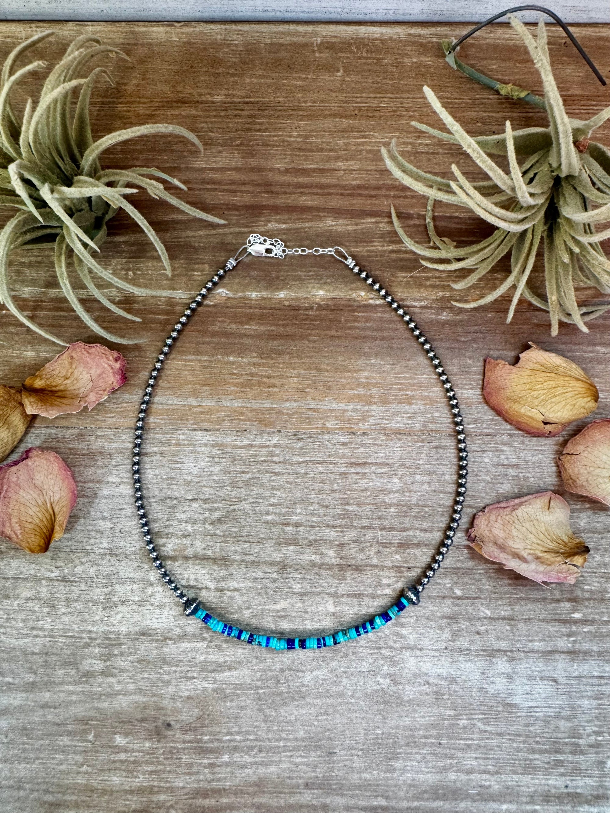Lapis &amp; Turquoise Heishi Choker – 14" Sterling Silver Beads