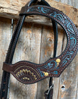 Dark Oil Floral Hand Painted One Ear Headstall / Bridle 
