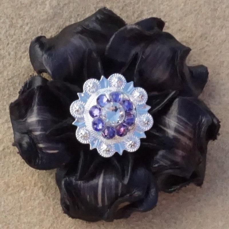 Black Gardenia Flower With Bright Silver Lilac and Clear 1" Concho