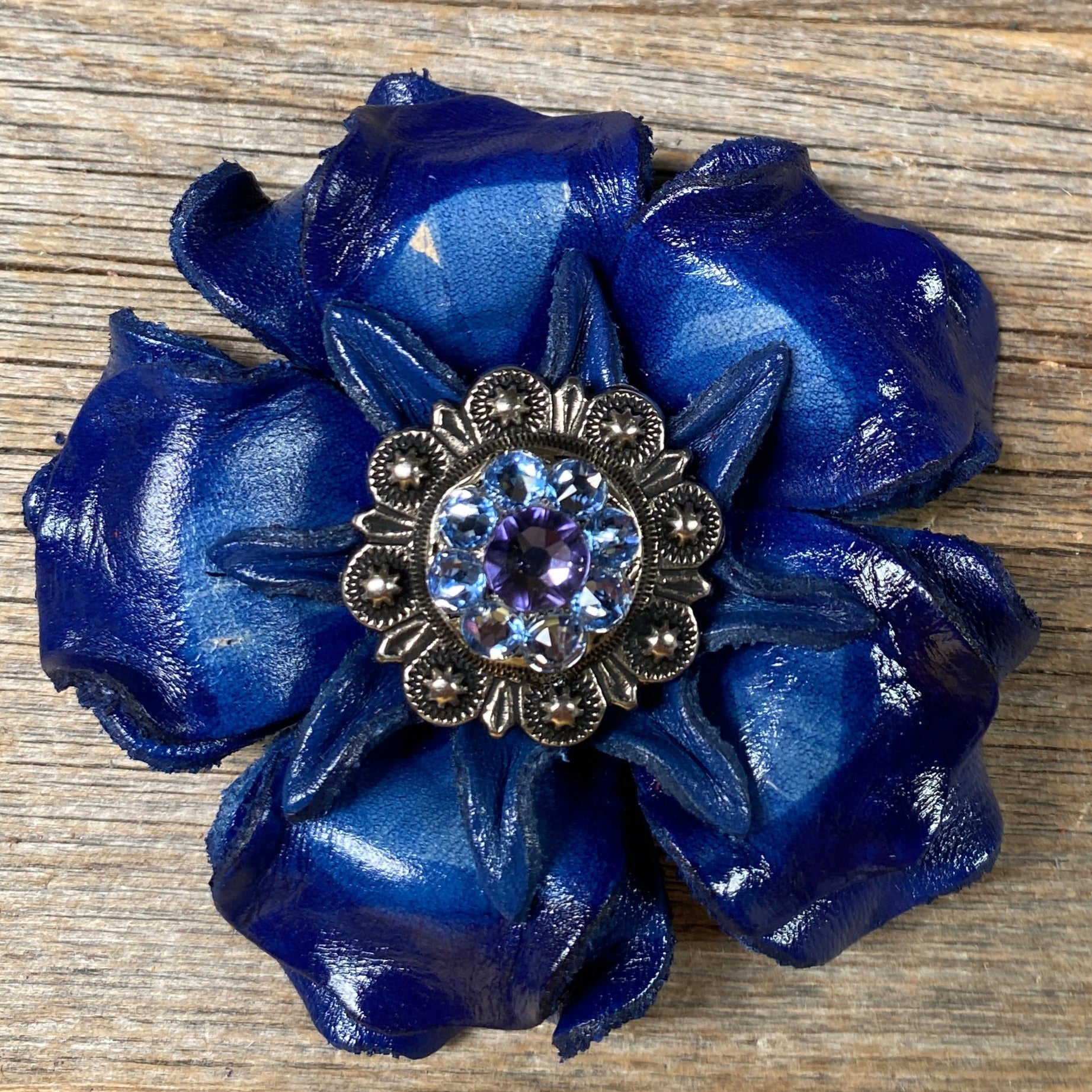Blue Gardenia Leather Flowers - 1" Crystal Conchos - Options