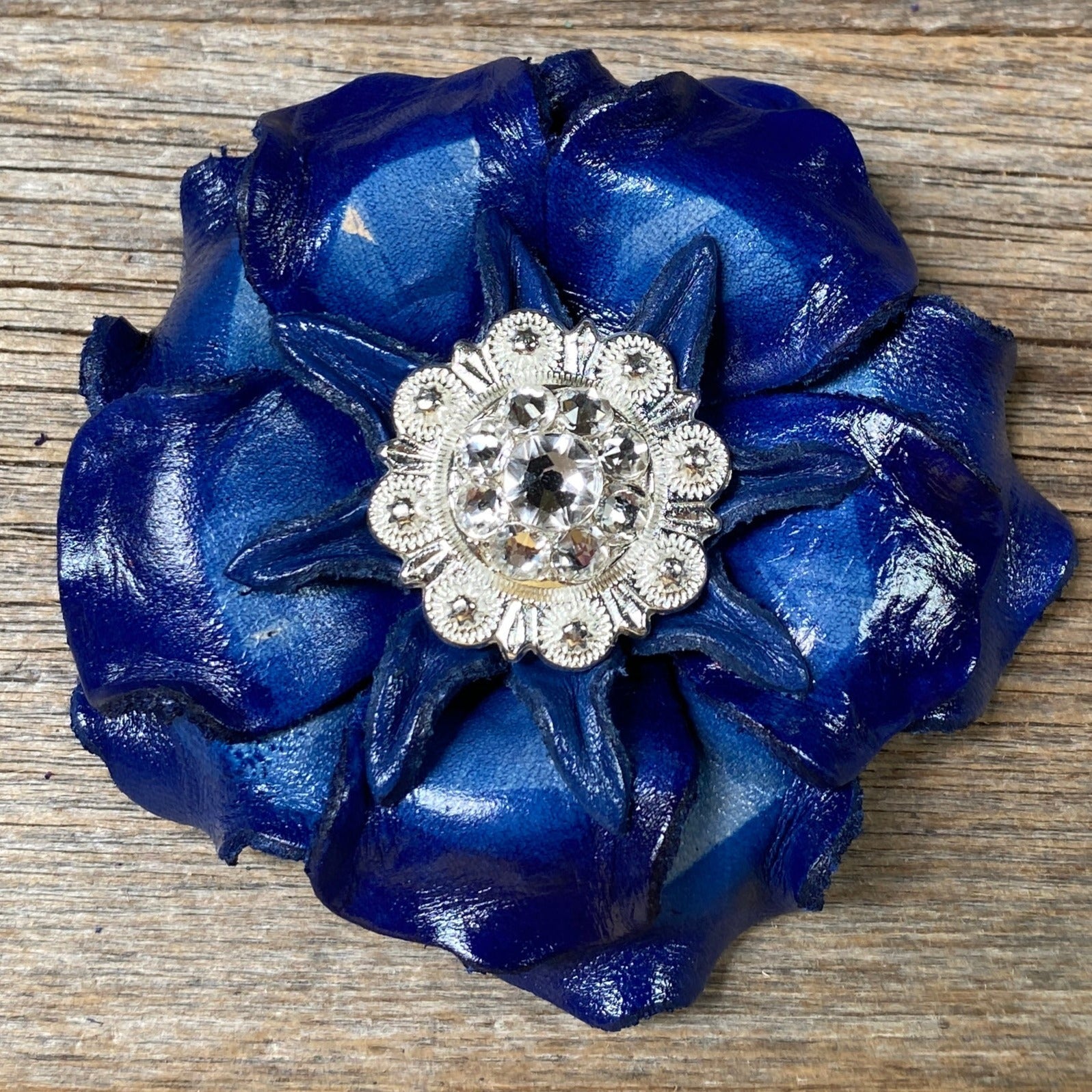 Blue Gardenia Leather Flowers - 1" Crystal Conchos - Options