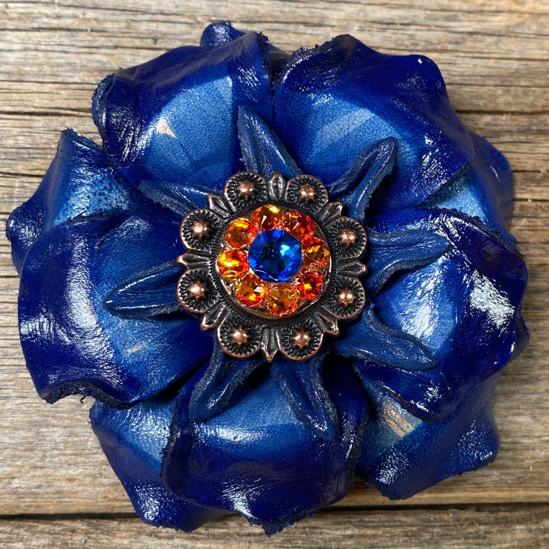 Blue Gardenia Leather Flowers - 1" Crystal Conchos - Options