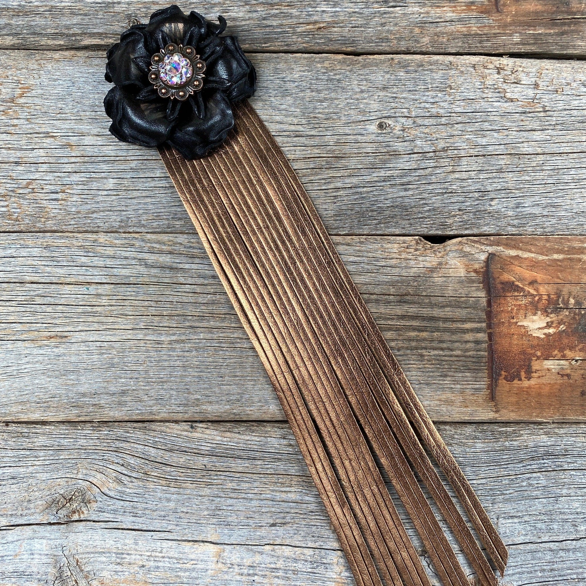 Leather Black Gardenia with Copper Fringe
