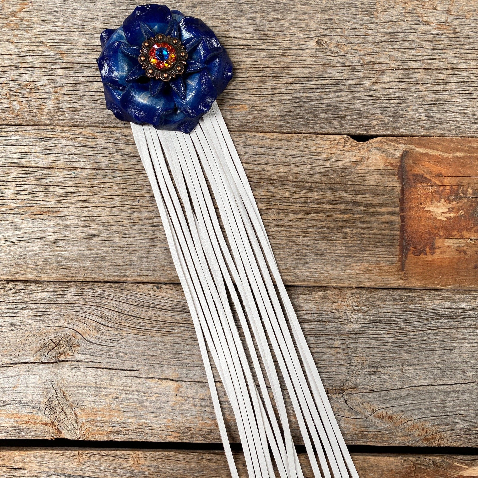 Leather Blue Gardenia with White Fringe