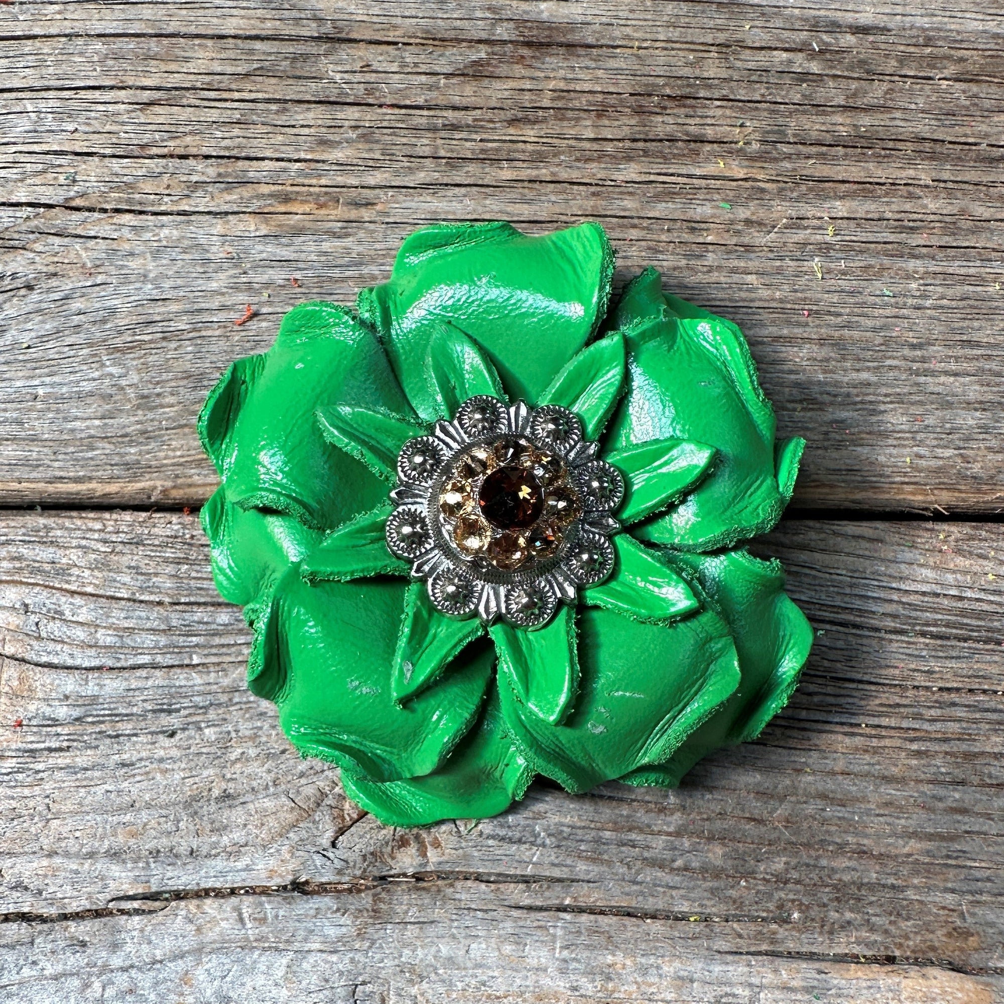 Green Gardenia Leather Flowers - 1" Crystal Conchos - Options