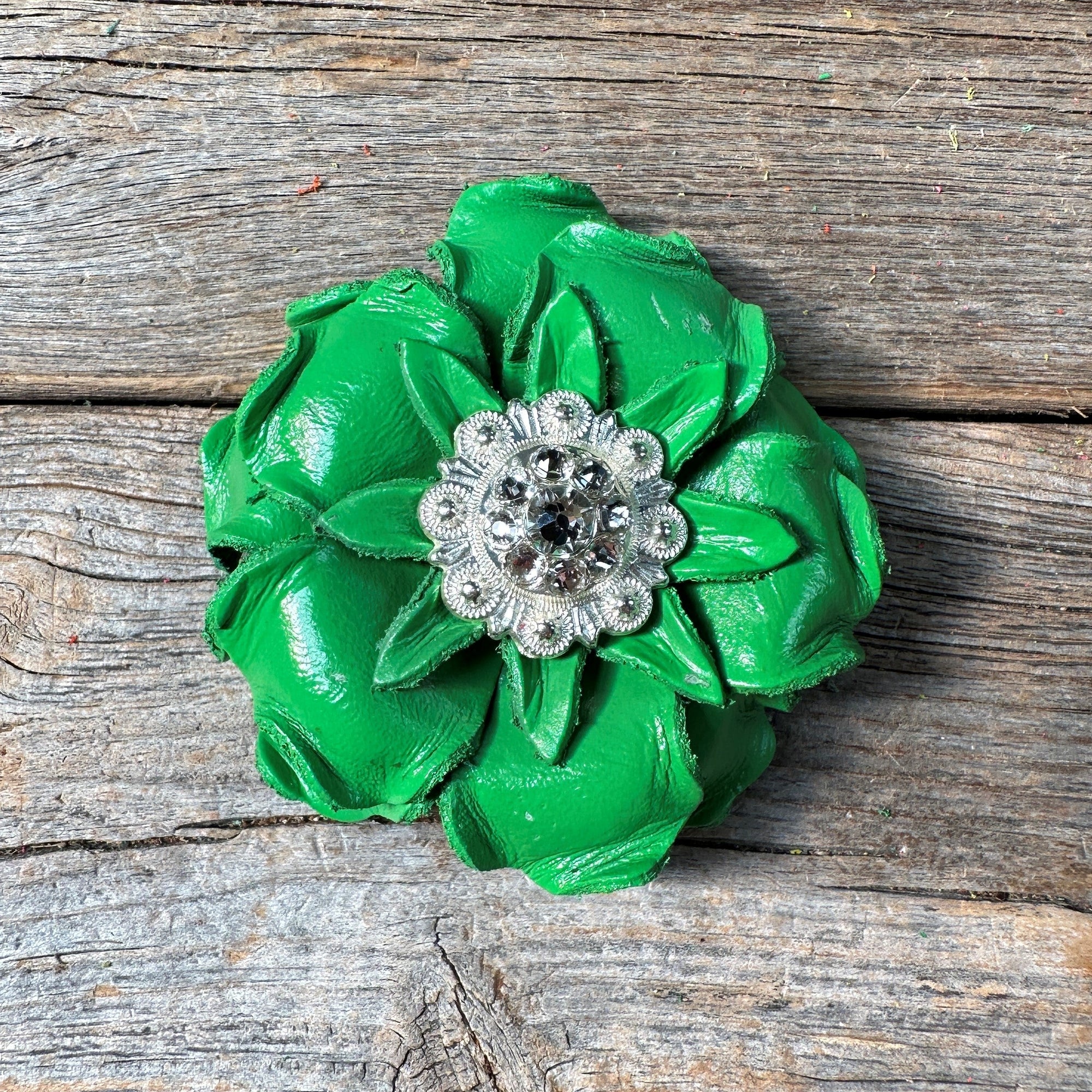 Green Gardenia Leather Flowers - 1" Crystal Conchos - Options