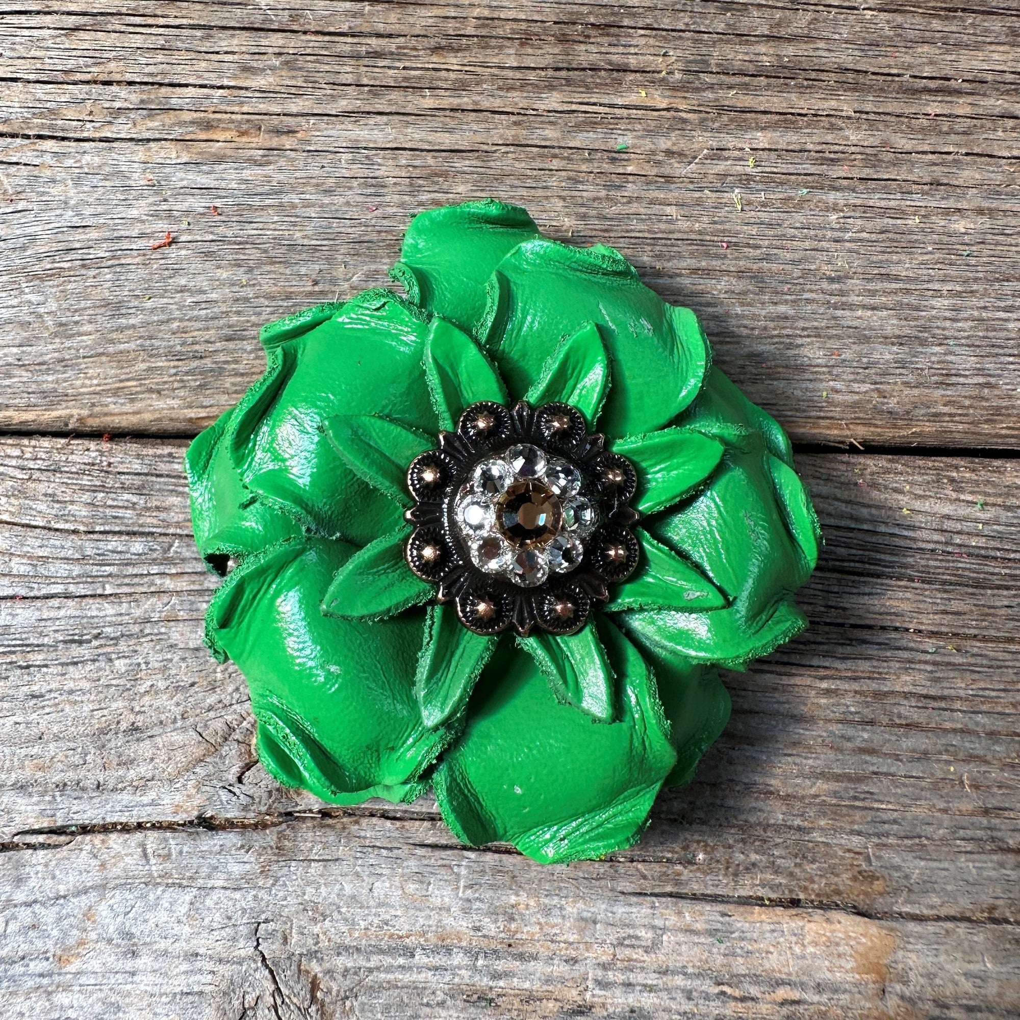 Green Gardenia Leather Flowers - 1" Crystal Conchos - Options