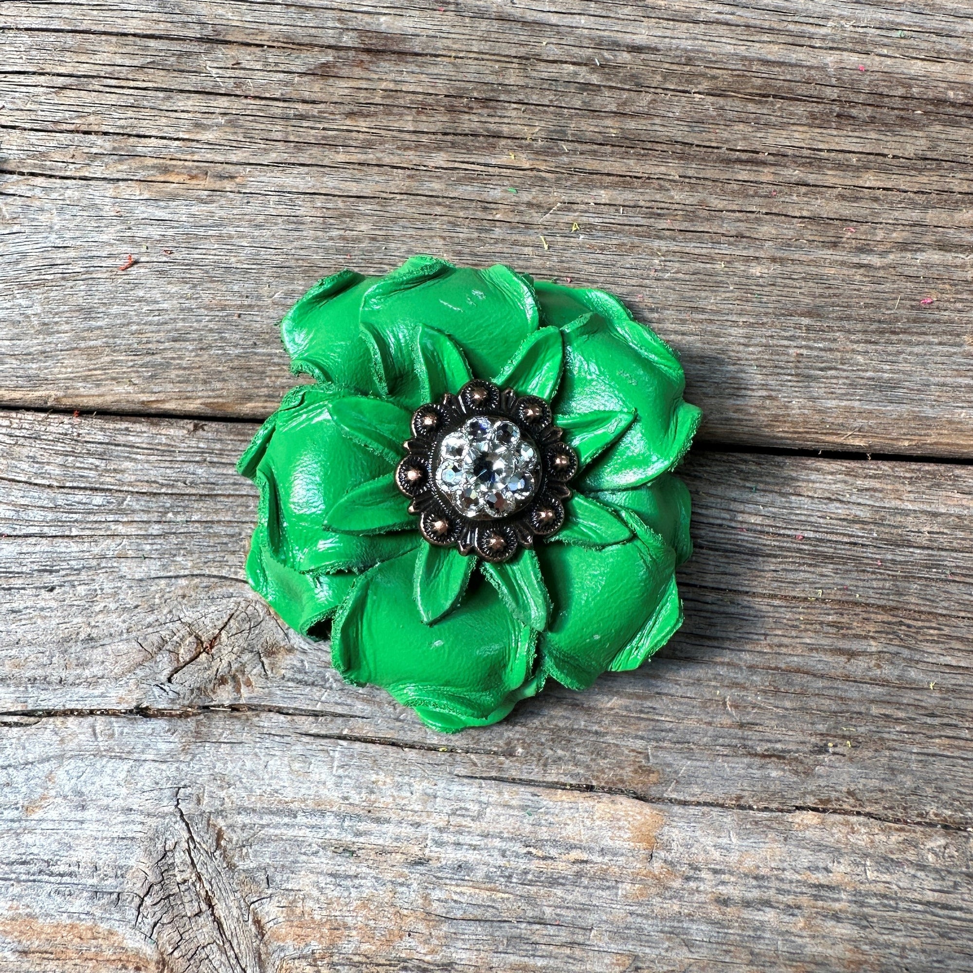 Green Gardenia Leather Flowers - 1" Crystal Conchos - Options