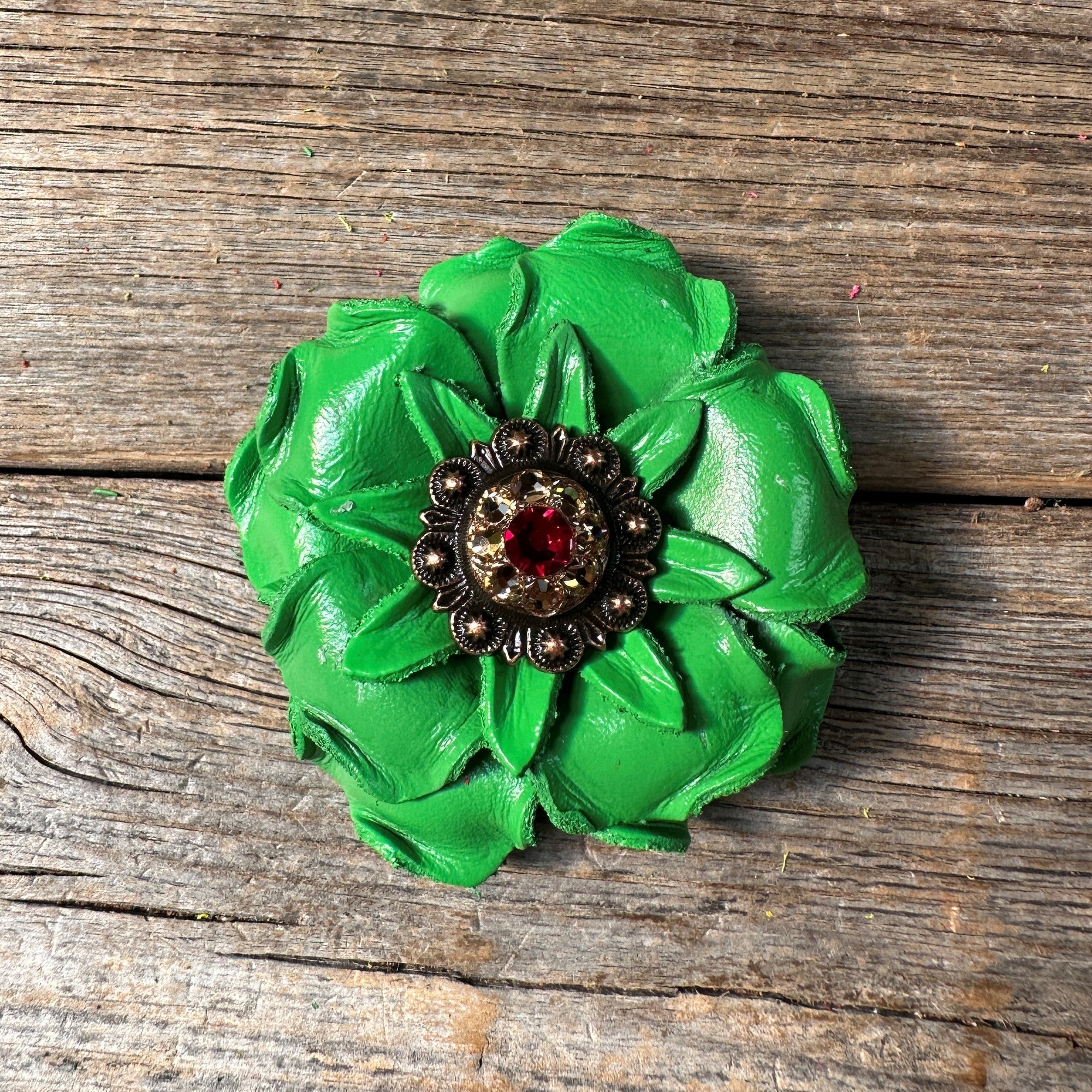 Green Gardenia Leather Flowers - 1" Crystal Conchos - Options