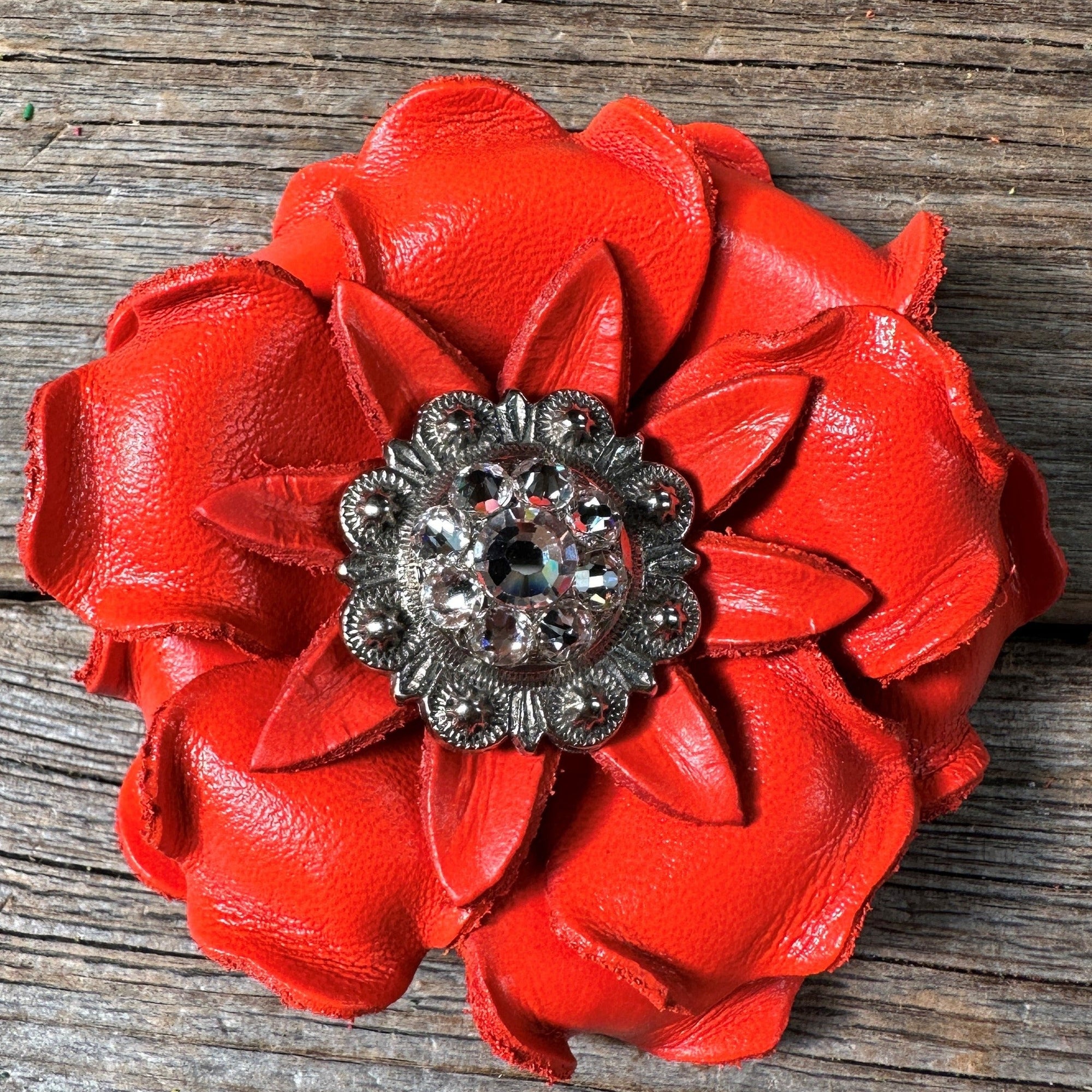 Bright Orange Gardenia Leather Flowers - 1" Crystal Conchos - Options