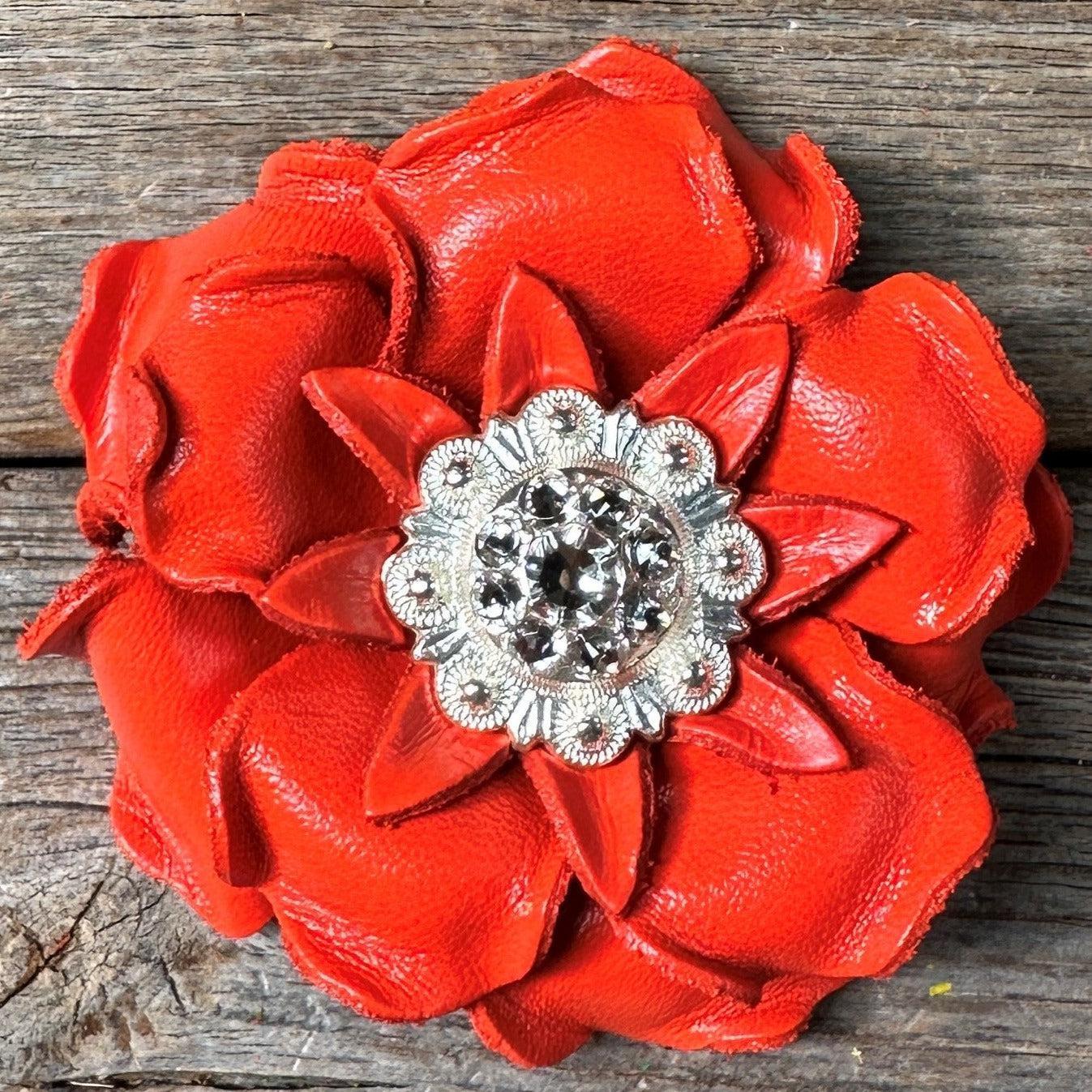 Bright Orange Gardenia Leather Flowers - 1" Crystal Conchos - Options