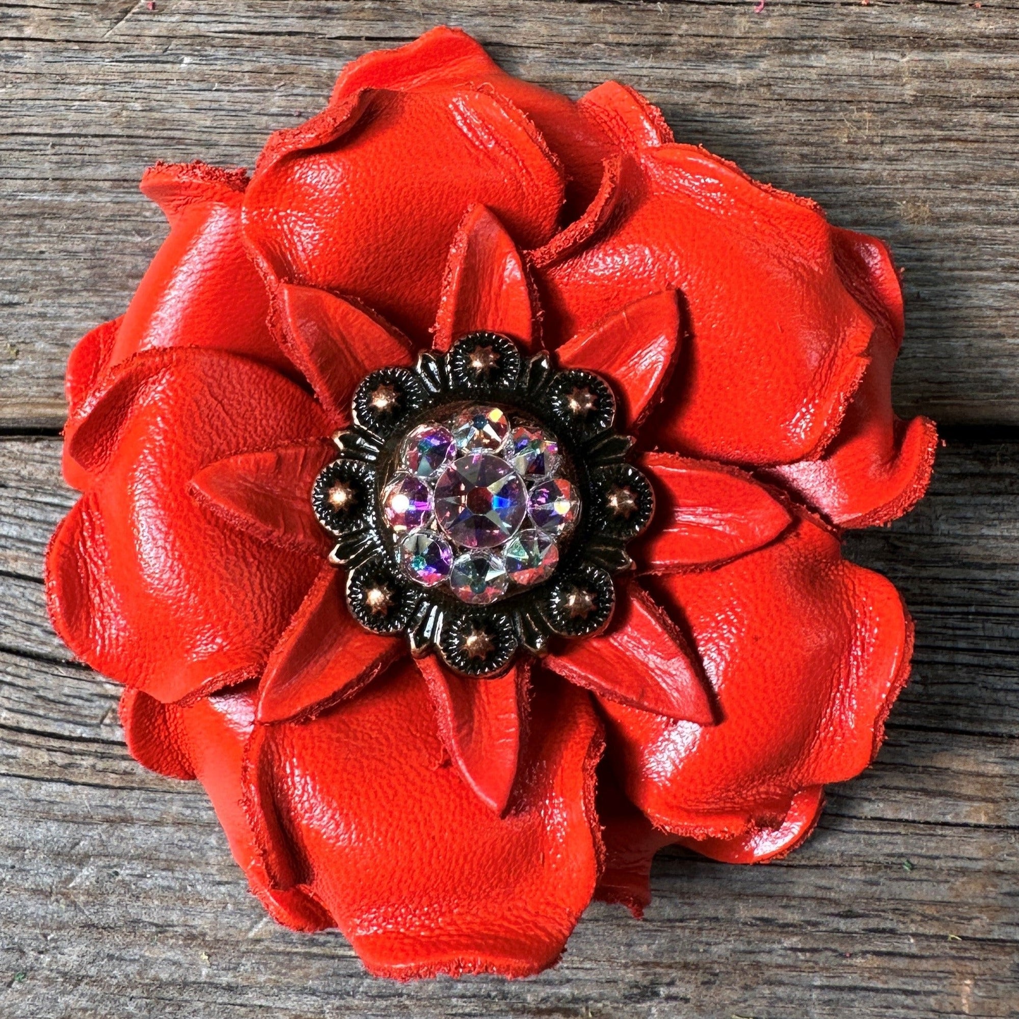 Bright Orange Gardenia Leather Flowers - 1" Crystal Conchos - Options