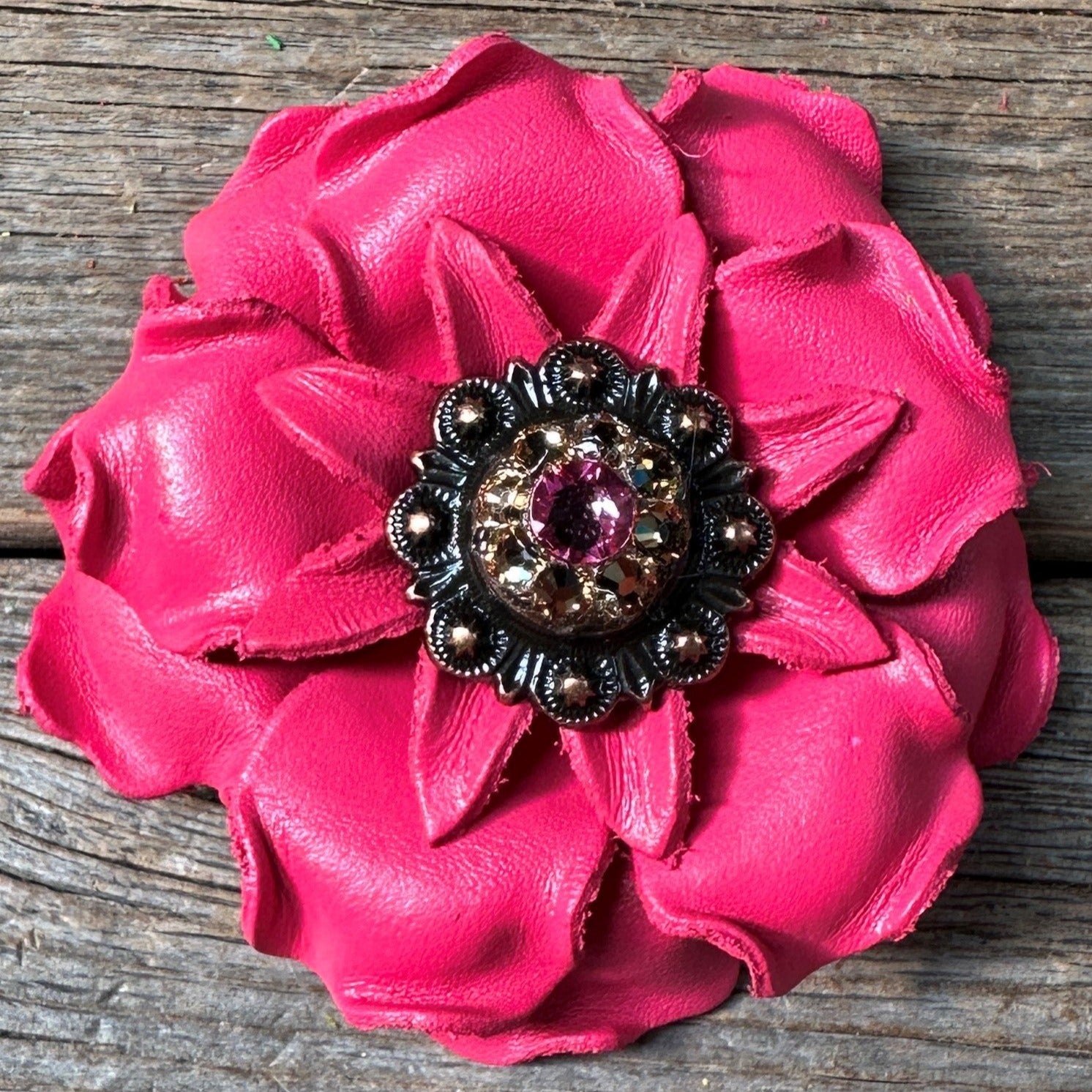 Bright Pink Gardenia Leather Flowers - 1" Crystal Conchos - Options