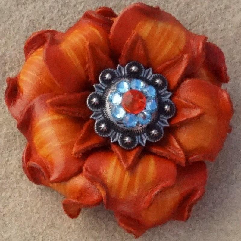 Orange Gardenia Leather Flowers - 1" Crystal Conchos - Options
