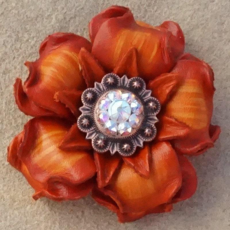 Orange Gardenia Leather Flowers - 1" Crystal Conchos - Options