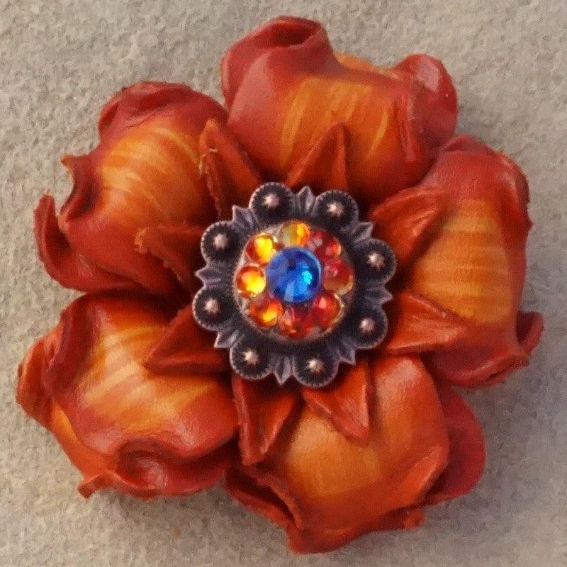 Orange Gardenia Leather Flowers - 1" Crystal Conchos - Options