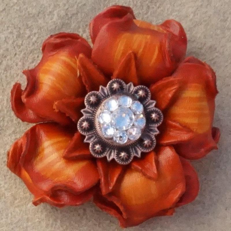 Orange Gardenia Leather Flowers - 1" Crystal Conchos - Options