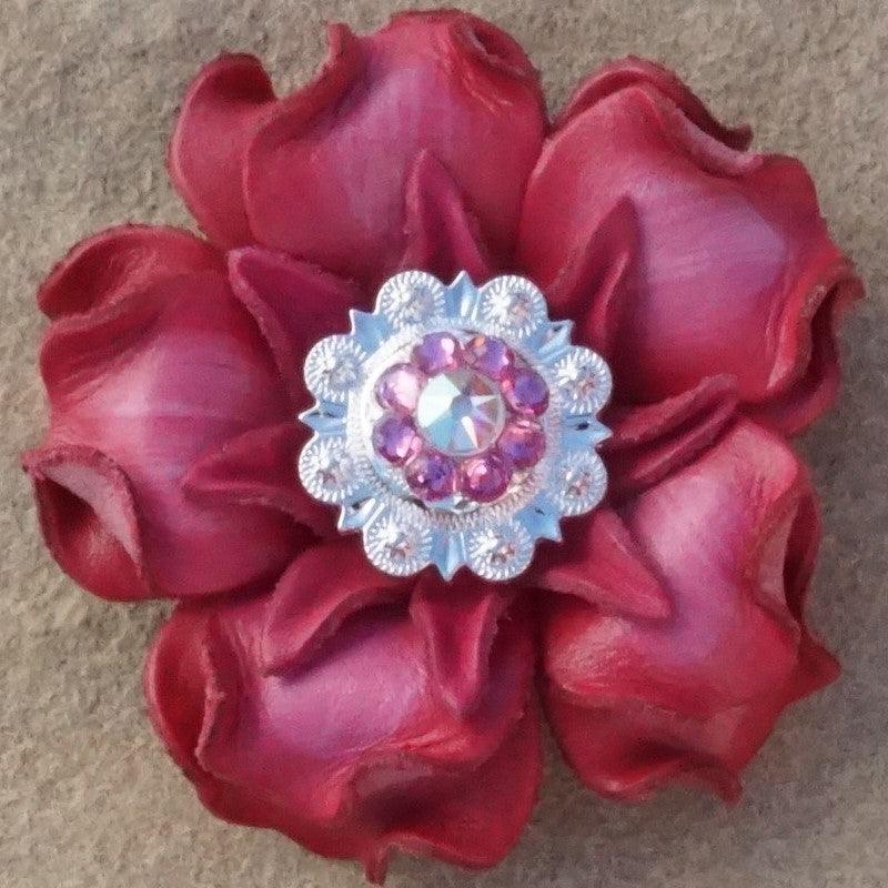 Pink Gardenia Flower With Bright Silver Pink and AB 1" Concho