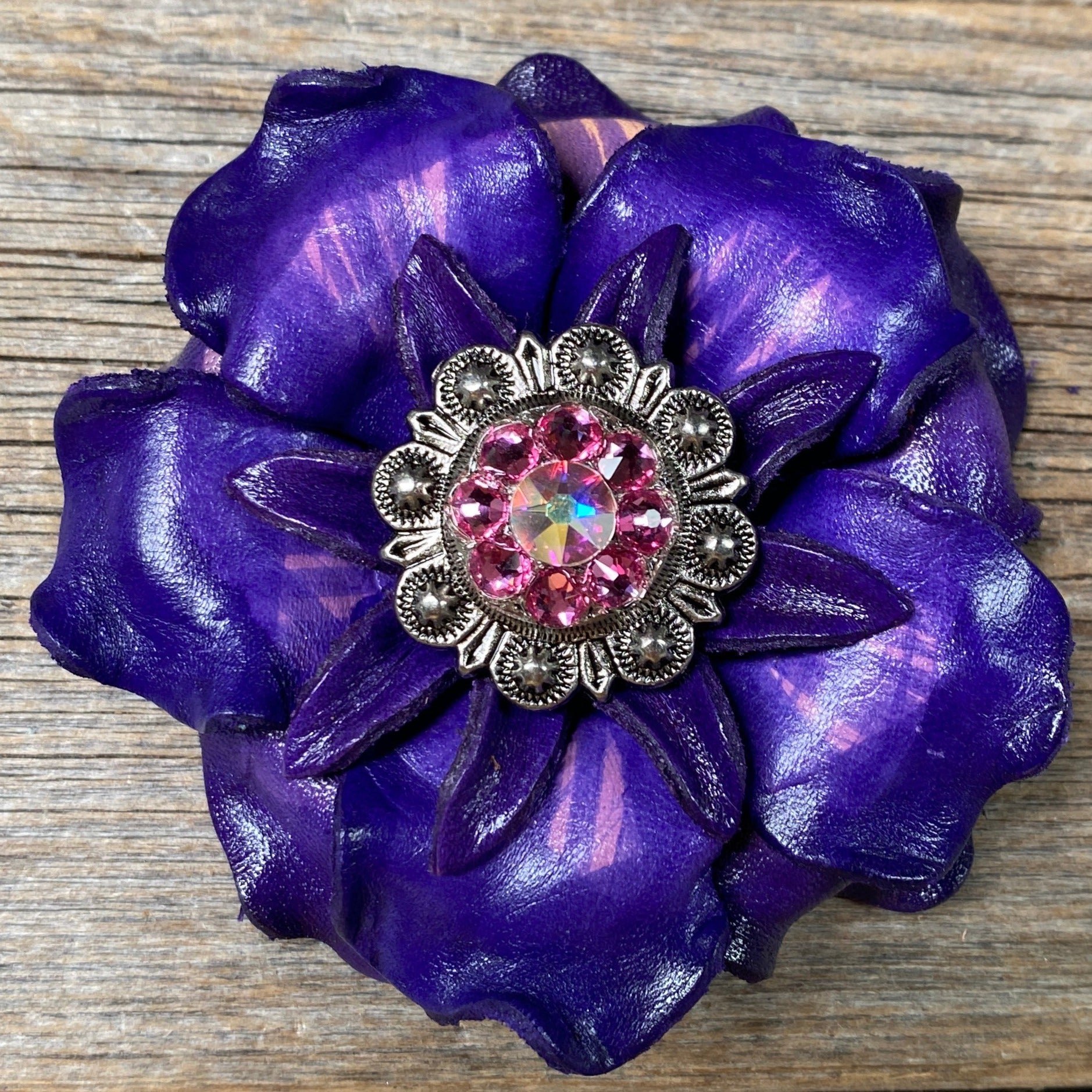 Purple Gardenia Leather Flowers - 1" Crystal Conchos - Options