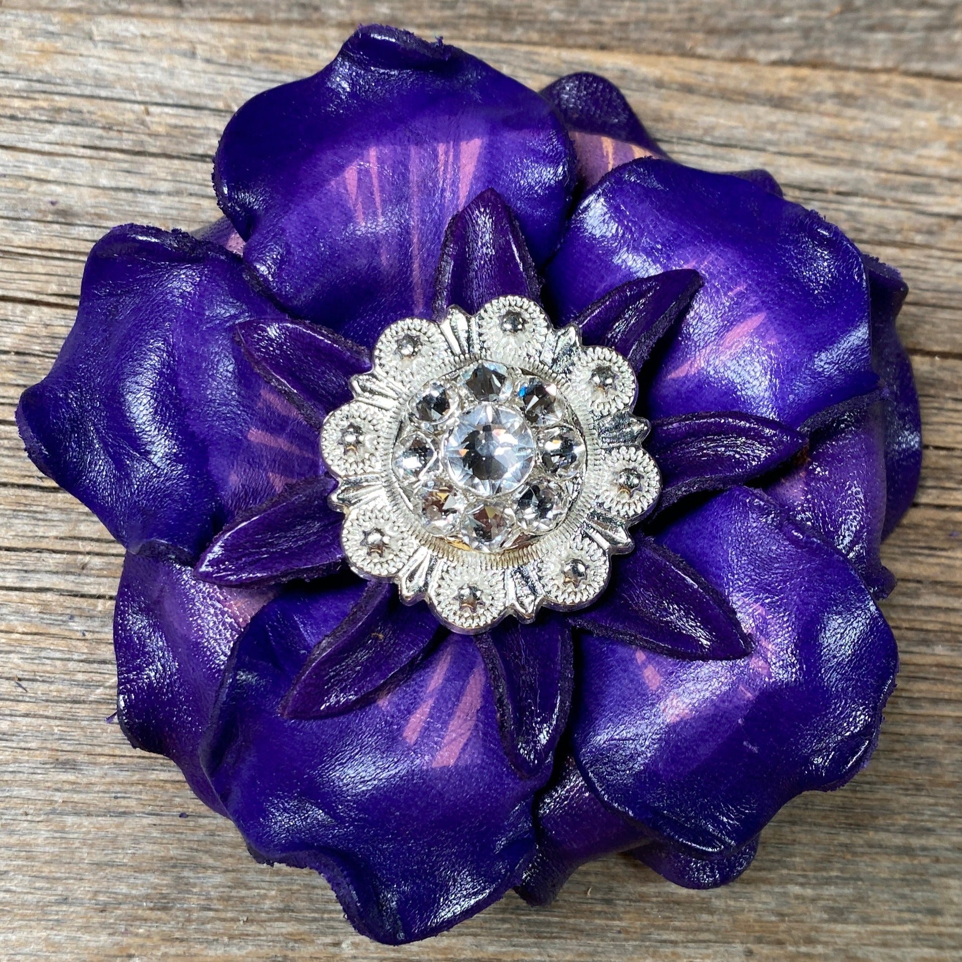 Purple Gardenia Leather Flowers - 1" Crystal Conchos - Options