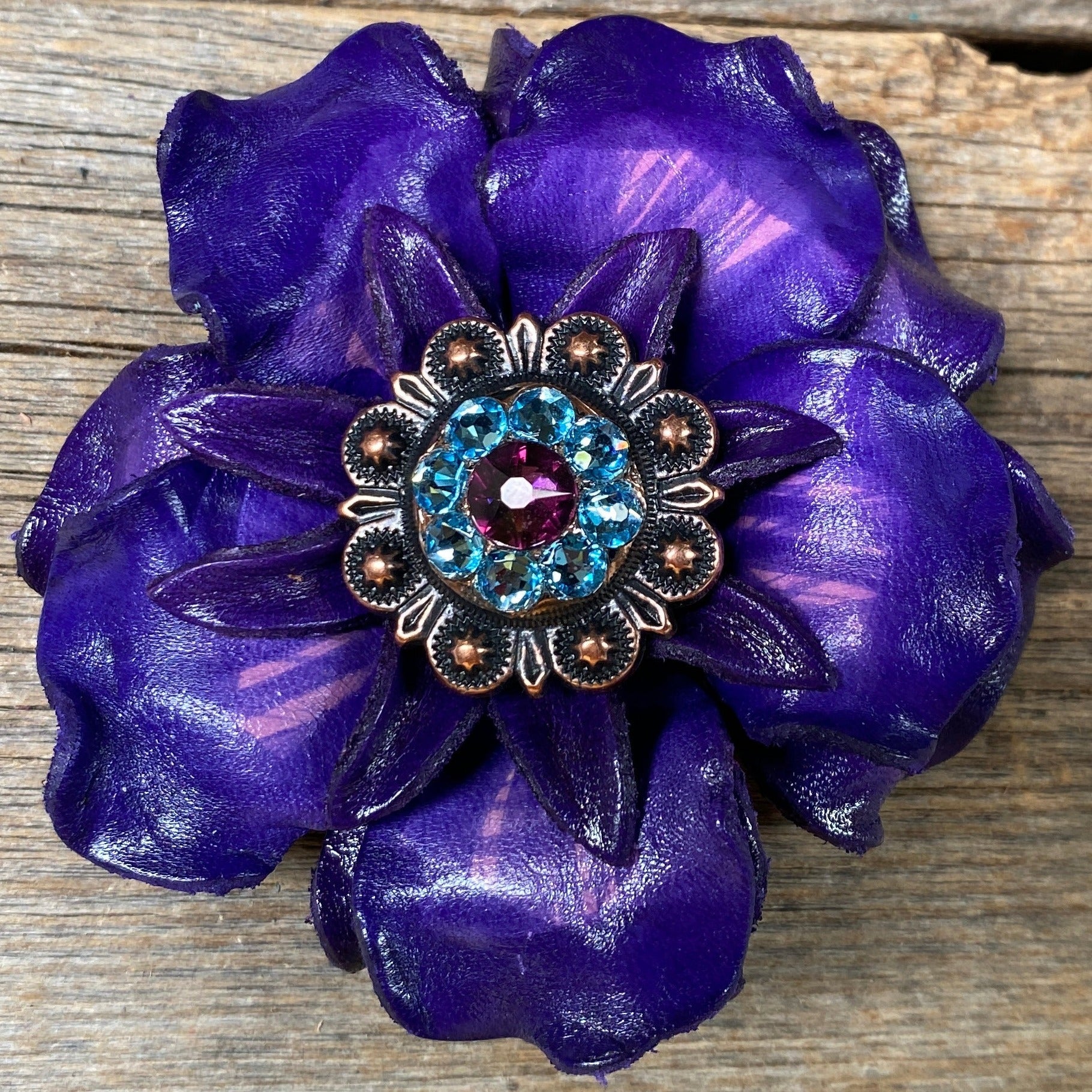 Purple Gardenia Leather Flowers - 1" Crystal Conchos - Options