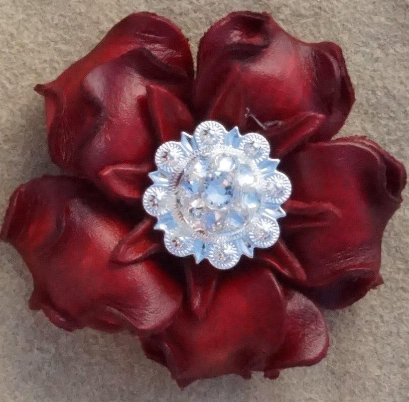 Red Gardenia Leather Flowers - 1" Crystal Conchos - Options