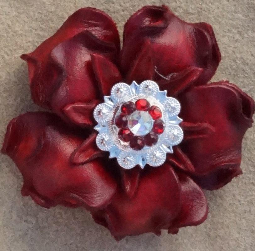 Red Gardenia Flower With Bright Silver Red &amp; AB 1" Concho