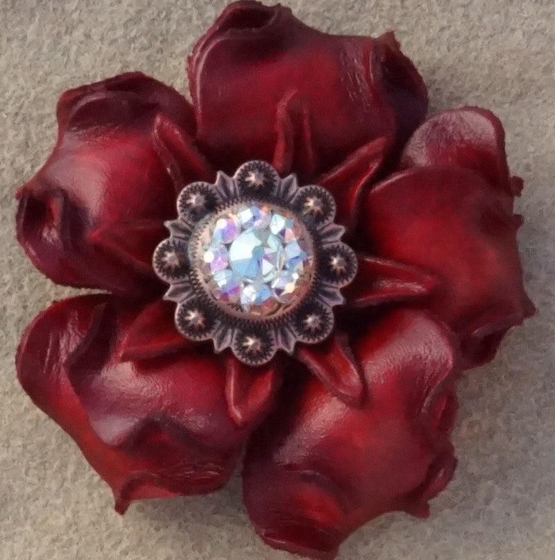 Red Gardenia Leather Flowers - 1" Crystal Conchos - Options