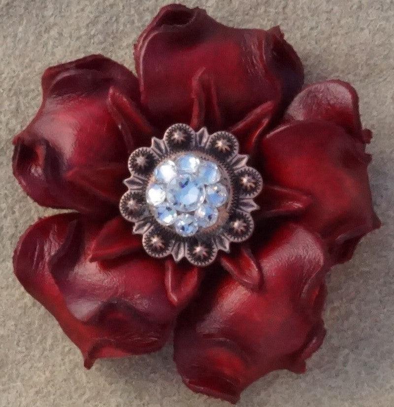 Red Gardenia Leather Flowers - 1" Crystal Conchos - Options