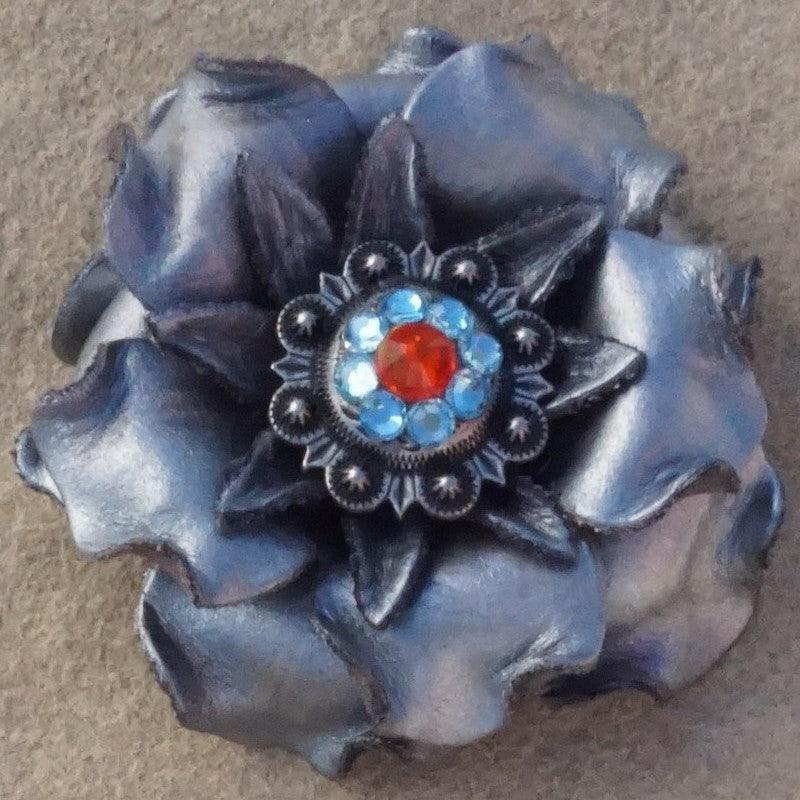 Silver Gardenia Flower With Antique Silver Fire Opal and Aqua 1" Concho